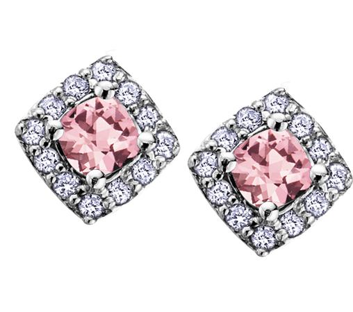 10k White Gold Pink Tourmaline and Diamond Halo Earrings