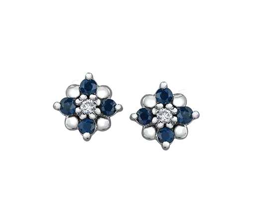 10k White Gold Blue Sapphire and Diamond Floral stud Earrings