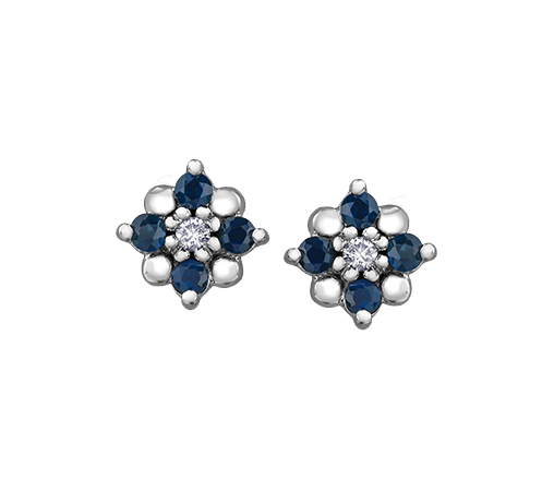 10k White Gold Blue Sapphire and Diamond Floral stud Earrings