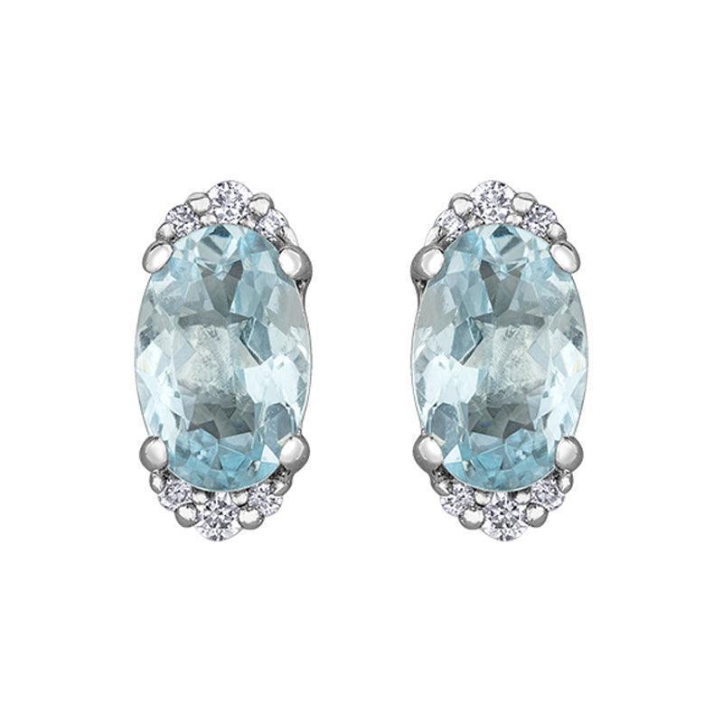 10K White Gold Earrings with 6X4MM Aquamarine and 0.05TDW Diamond Accents