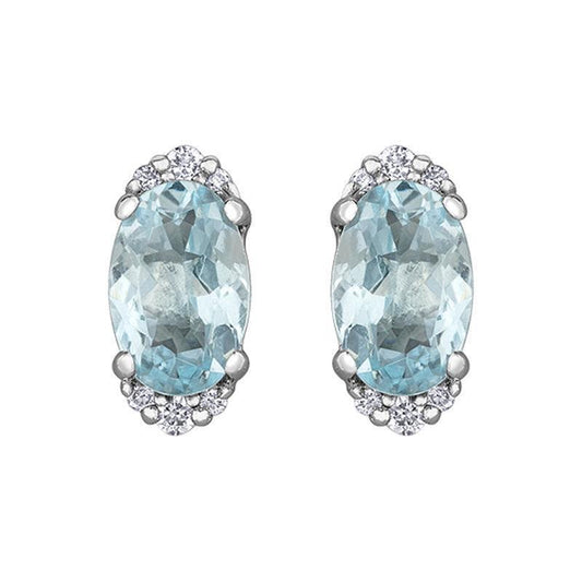 10K White Gold Earrings with 6X4MM Aquamarine and 0.05TDW Diamond Accents