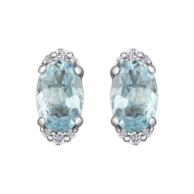 10K White Gold Earrings with 6X4MM Aquamarine and 0.05TDW Diamond Accents