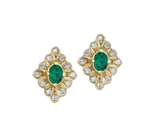 10K Yellow Gold Emerald and Diamond Fancy Stud Earring
