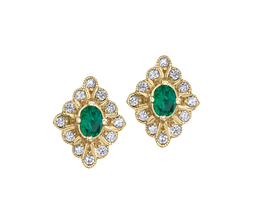 10K Yellow Gold Emerald and Diamond Fancy Stud Earrings