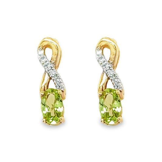 10K Yellow Gold August Oval-Cut Peridot Earrings 0.05 Carat (tdw) with Accent Diamonds