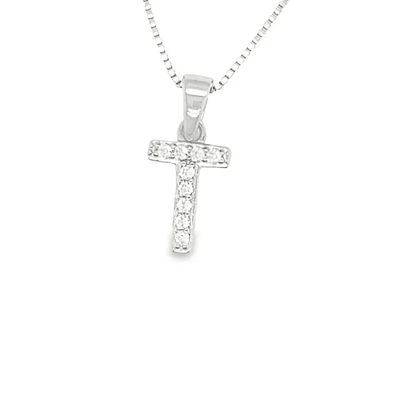 Sterling Silver Cubic Zirconia Initial Letter T Pendant