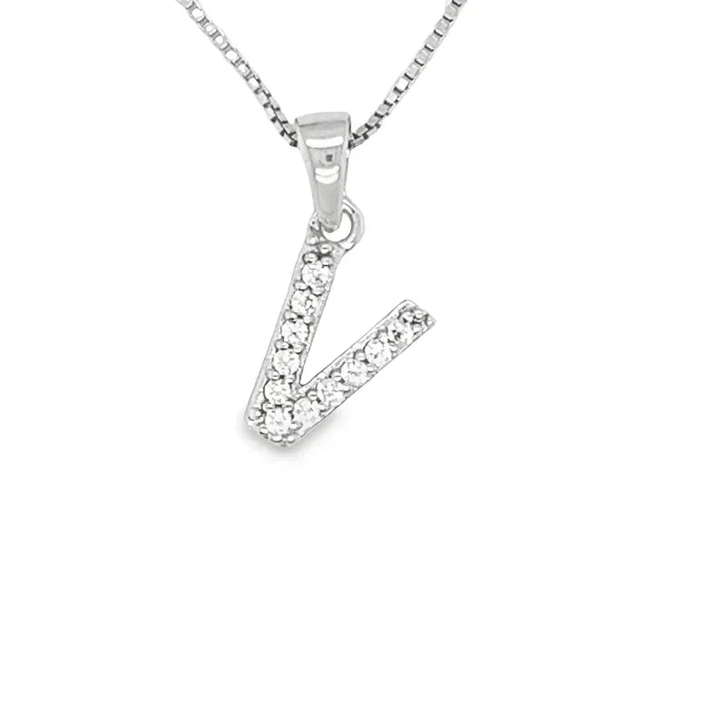 Cubic Zirconia Initial Letter V Pendant in Sterling Silver
