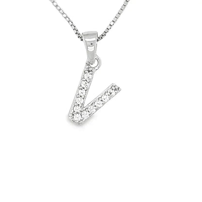 Cubic Zirconia Initial Letter V Pendant in Sterling Silver