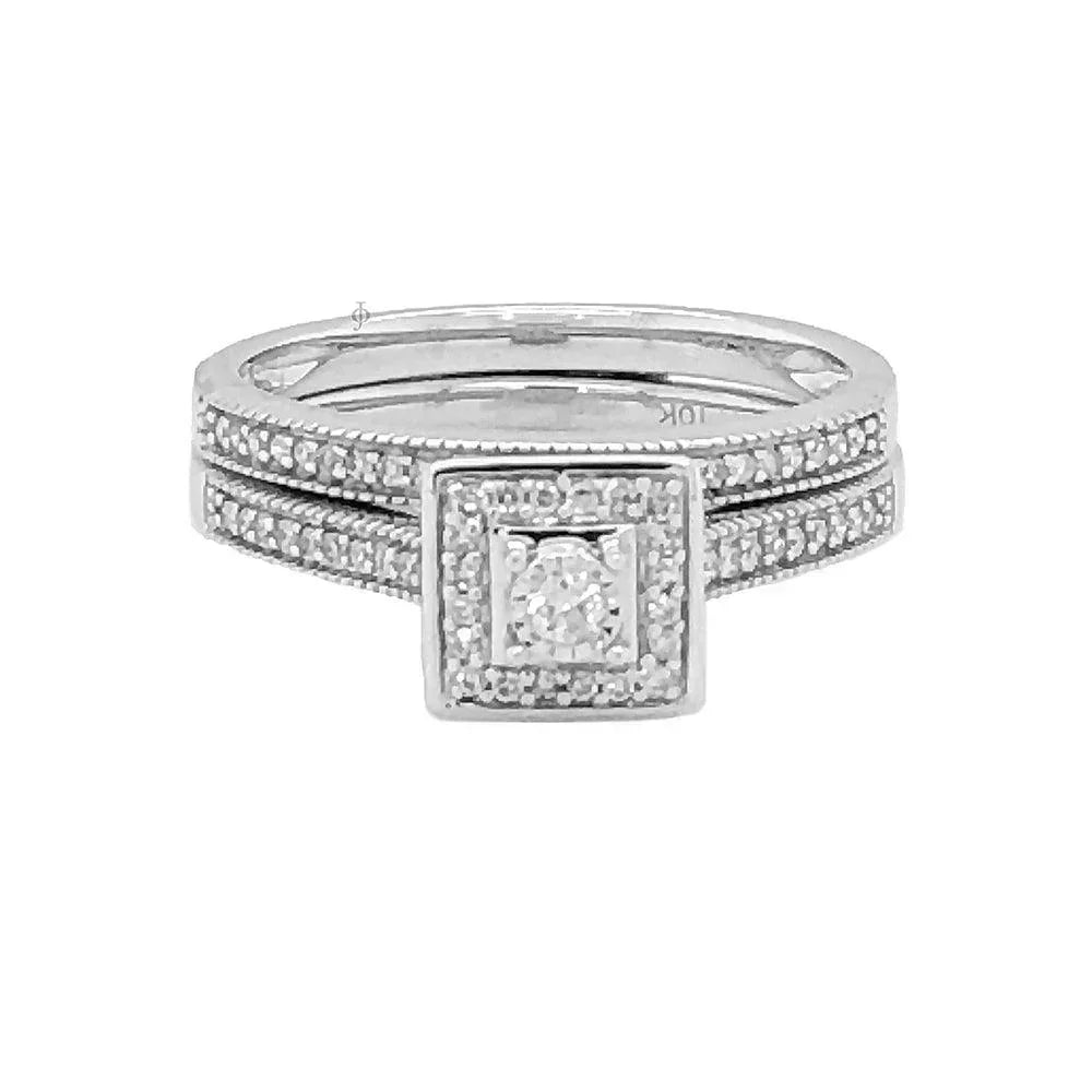 10K White Gold 0.25TDW Diamond Solitaire With Square Halo Vintage Wedding Set