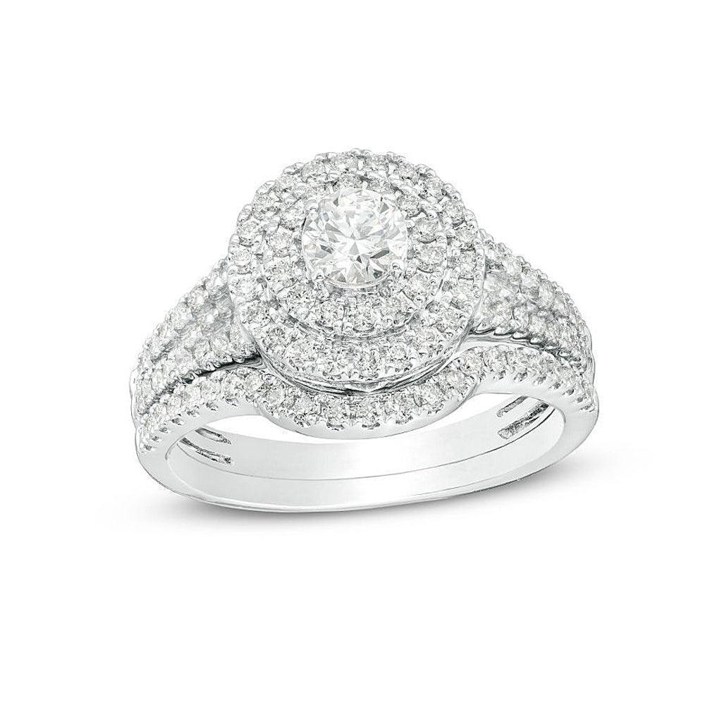 14K White Gold 1.00TDW Diamond Double Round Halo Wedding Set