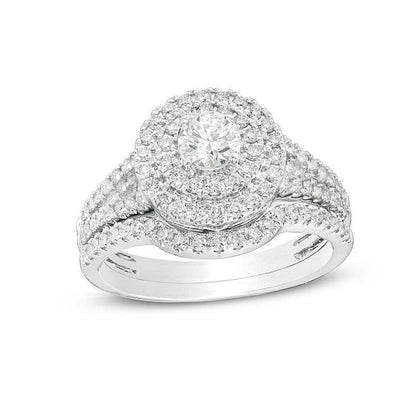 14K White Gold 1.00TDW Diamond Double Round Halo Wedding Set