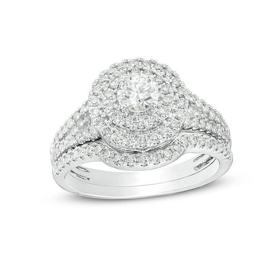 14K White Gold 1.00TDW Diamond Double Round Halo Wedding Set