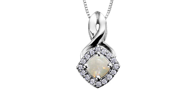 10K White Gold 0.08TDW Opal and Diamond Halo Pendant with Chain