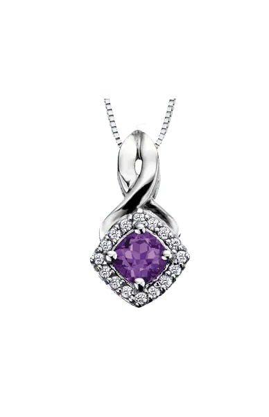 10K White Gold Amethyst and Diamond Halo Pendant with Chain