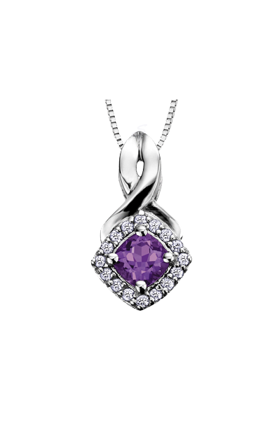 10K White Gold Amethyst and Diamond Halo Pendant with Chain
