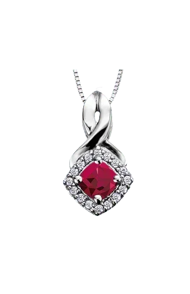 10K White Gold Ruby and Diamond Halo Pendant with Chain