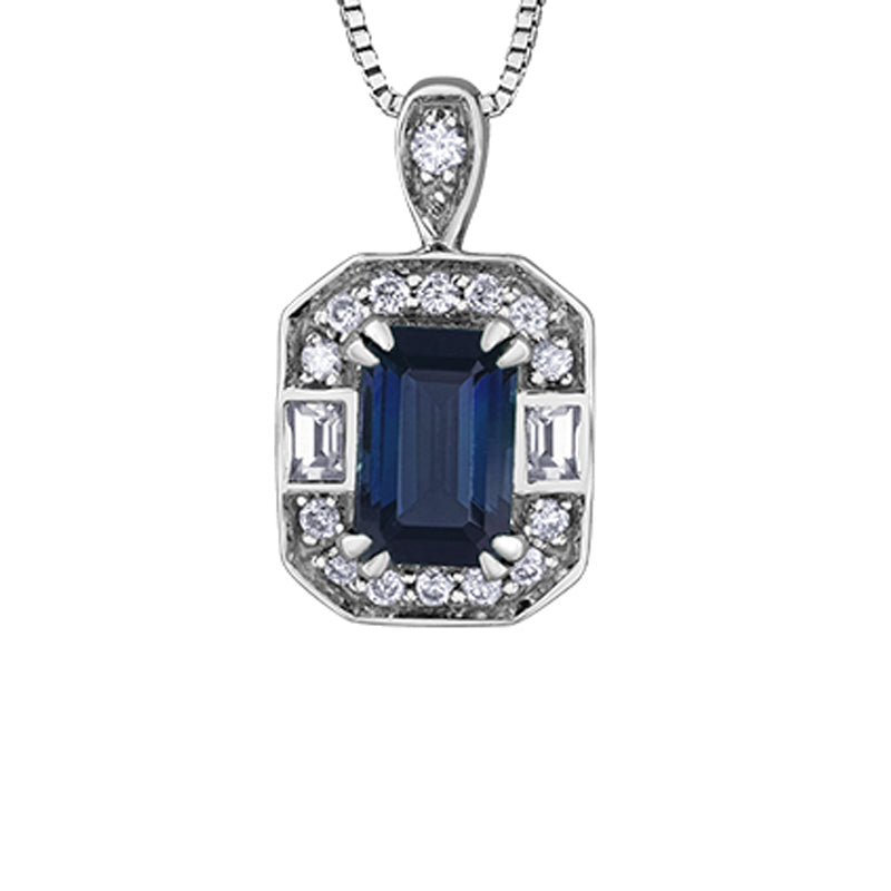 0.08TDW Diamond and 10K White Gold 6X4MM Blue Sapphire Gemstone Pendant