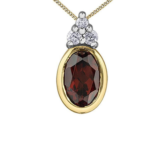 0.04TDW Diamond and 6X4MM Garnet Oval Pendant in 10K Yellow Gold