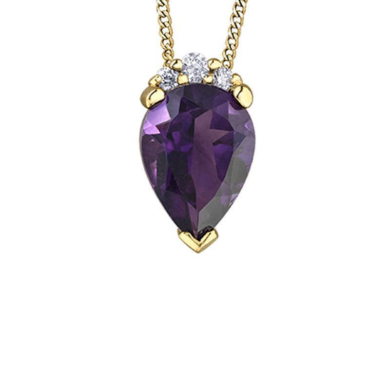 0.02 TDW Diamond and 10K Yellow Gold Amethyst Gemstone Teardrop Pendant