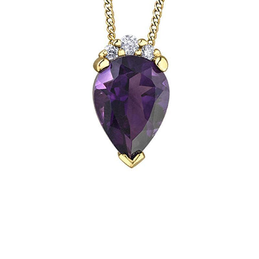 0.02 TDW Diamond and 10K Yellow Gold Amethyst Gemstone Teardrop Pendant