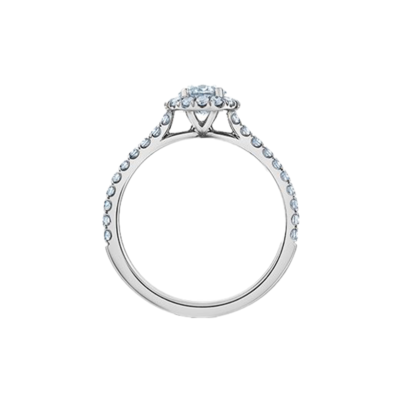 14K White Gold 0.86tdw Lab Grown Round Halo Diamond Engagement Ring With Side Diamonds.
