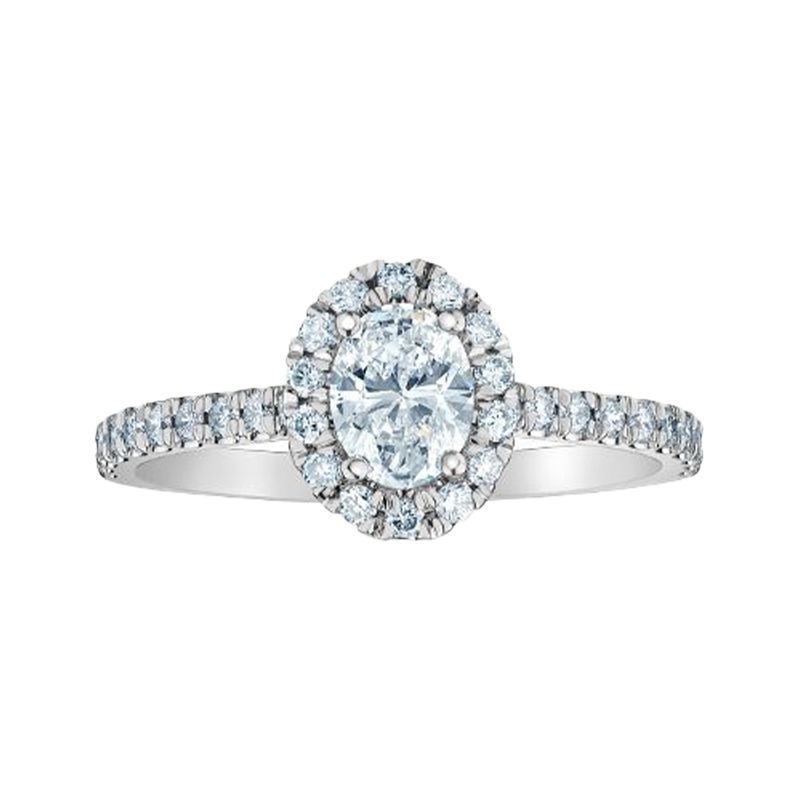 14K White Gold 0.84tdw Lab Grown Oval Halo Diamond Engagement Ring With Side Diamonds.