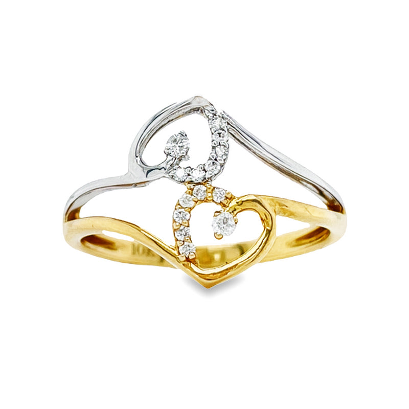 0.08Ct TDW Diamond 10K Yellow And White Gold Double Heart Ring