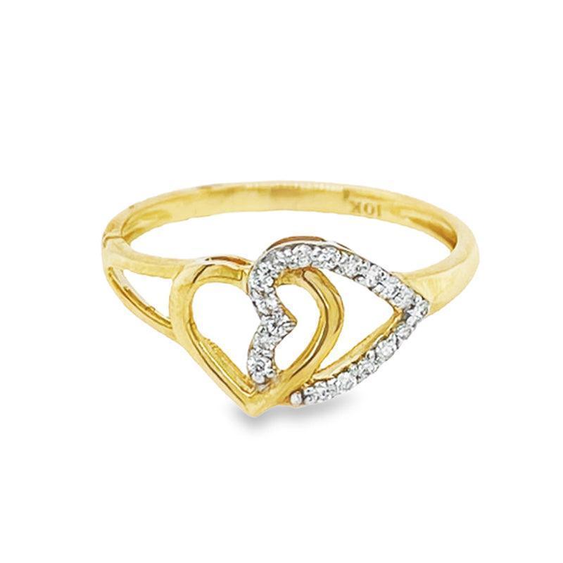 10K Yellow Gold 0.10CT Women's Diamond Double Heart Ring