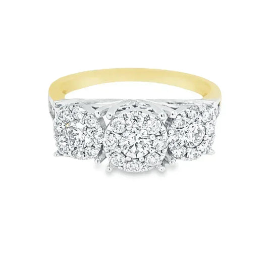 1.00 Ct TDW Diamond 10K Yellow And White Gold Past Present and Future Illusion Large Ring