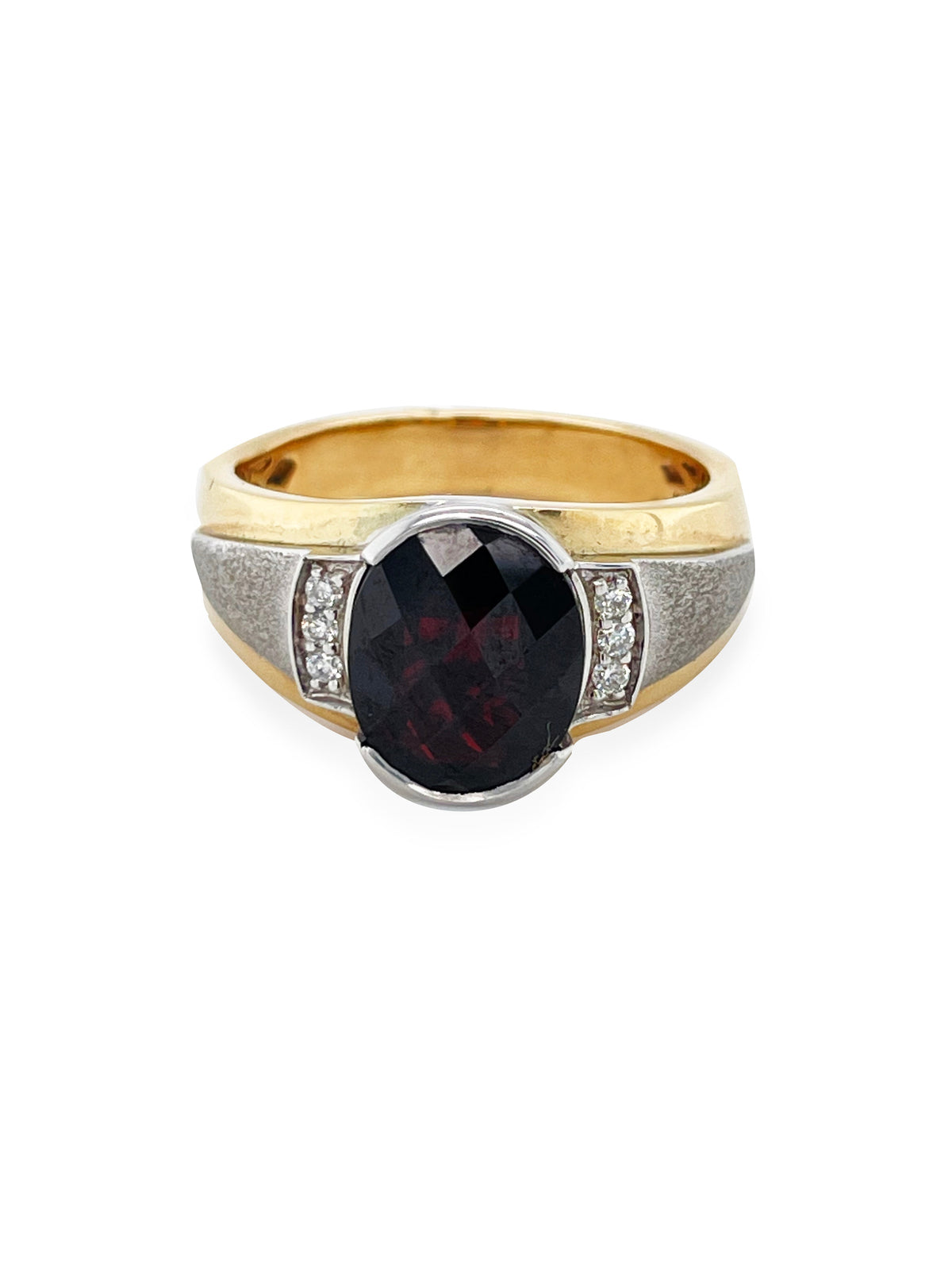 14K Yellow And White Gold 0.08CT Diamond and Oval Garnet Ring With Sand Blast Finish Sides