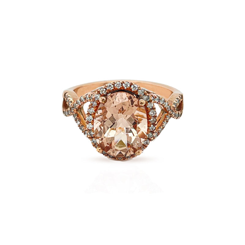 10K Rose Gold 0.45TDW Diamond And Oval Cut Morganite Halo Solitaire Ring