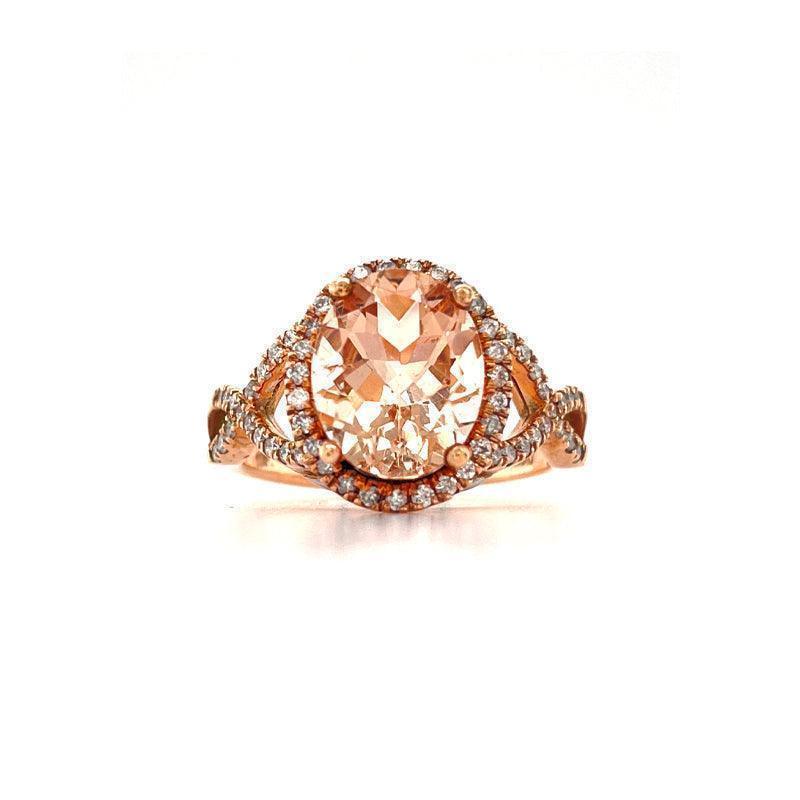 10K Rose Gold 0.45TDW Diamond And Oval Cut Morganite Halo Solitaire Ring