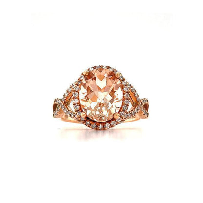 10K Rose Gold 0.45TDW Diamond And Oval Cut Morganite Halo Solitaire Ring