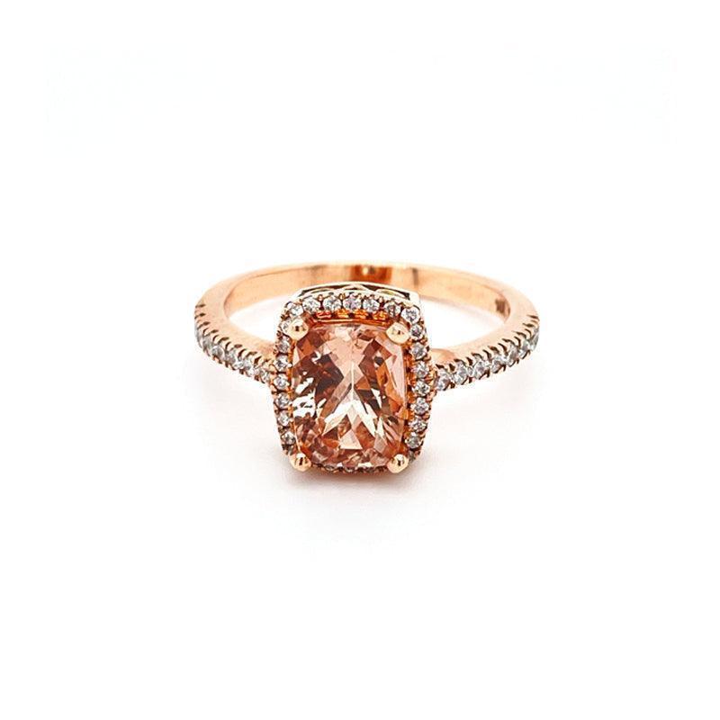 10K Rose Gold 0.35TDW Diamond And Emerald Cut Morganite Halo Solitaire Ring