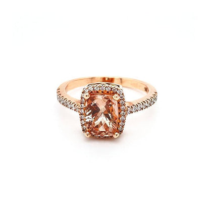 10K Rose Gold 0.35TDW Diamond And Emerald Cut Morganite Halo Solitaire Ring