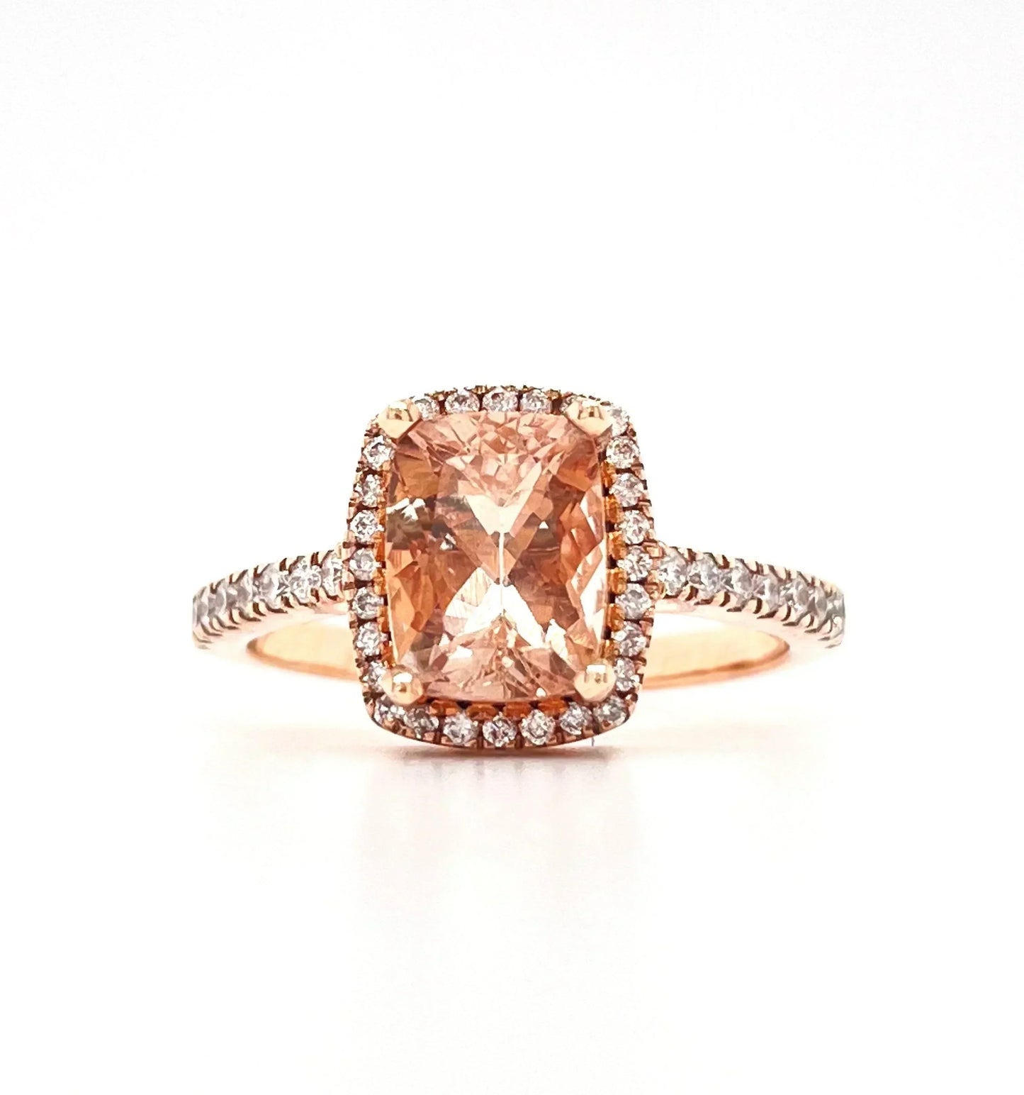 10K Rose Gold 0.35TDW Diamond And Emerald Cut Morganite Halo Solitaire Ring