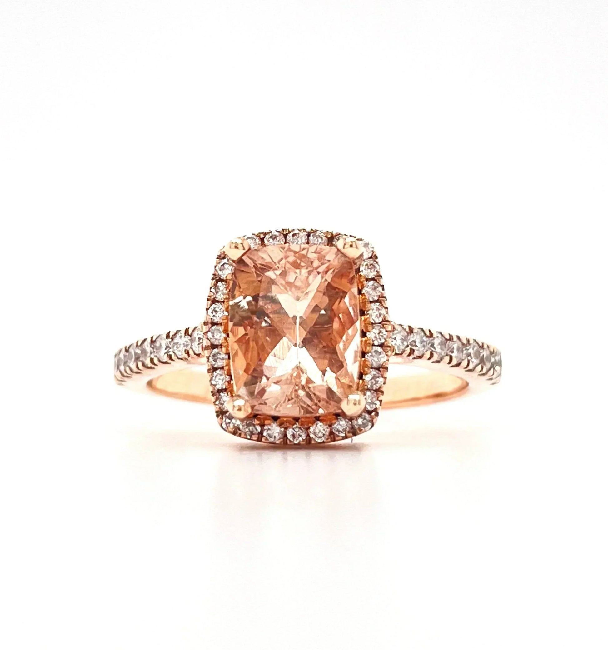 10K Rose Gold 0.35TDW Diamond And Emerald Cut Morganite Halo Solitaire Ring