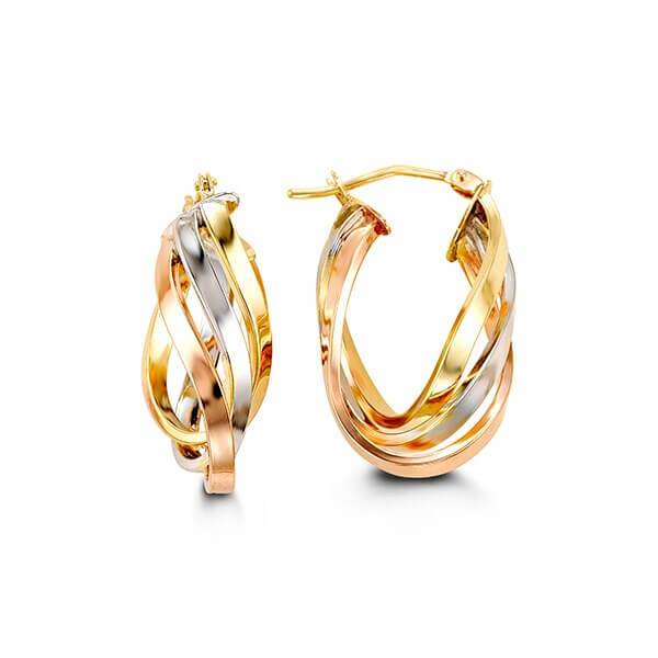 10K Yellow, White And Rose Gold Twist Hoop Earrings