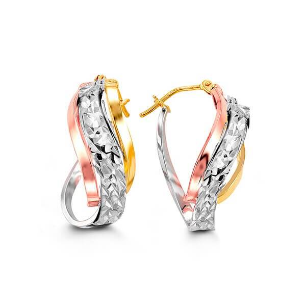 10K White, Yellow And Pink Gold Fancy Twist Laser Cut Earrings