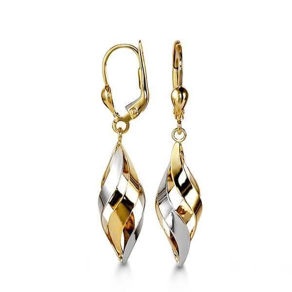 10K Yellow And White Gold Long Dangle Fish Hook Earrings