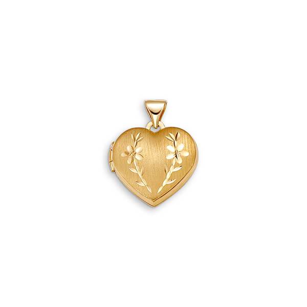10K Yellow Gold Heart Shaped Etched Floral Locket with Satin Finish
