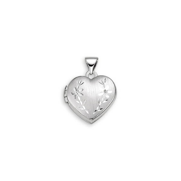 10K White Gold Heart Shaped Etched Floral Locket with Satin Finish