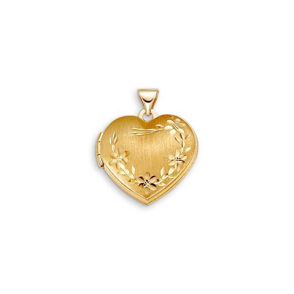 10K Yellow Gold Heart Shaped Etched Locket with Satin Finish