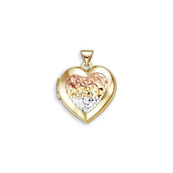 10K Yellow Gold Heart Locket With Tri Color Floral Filligry