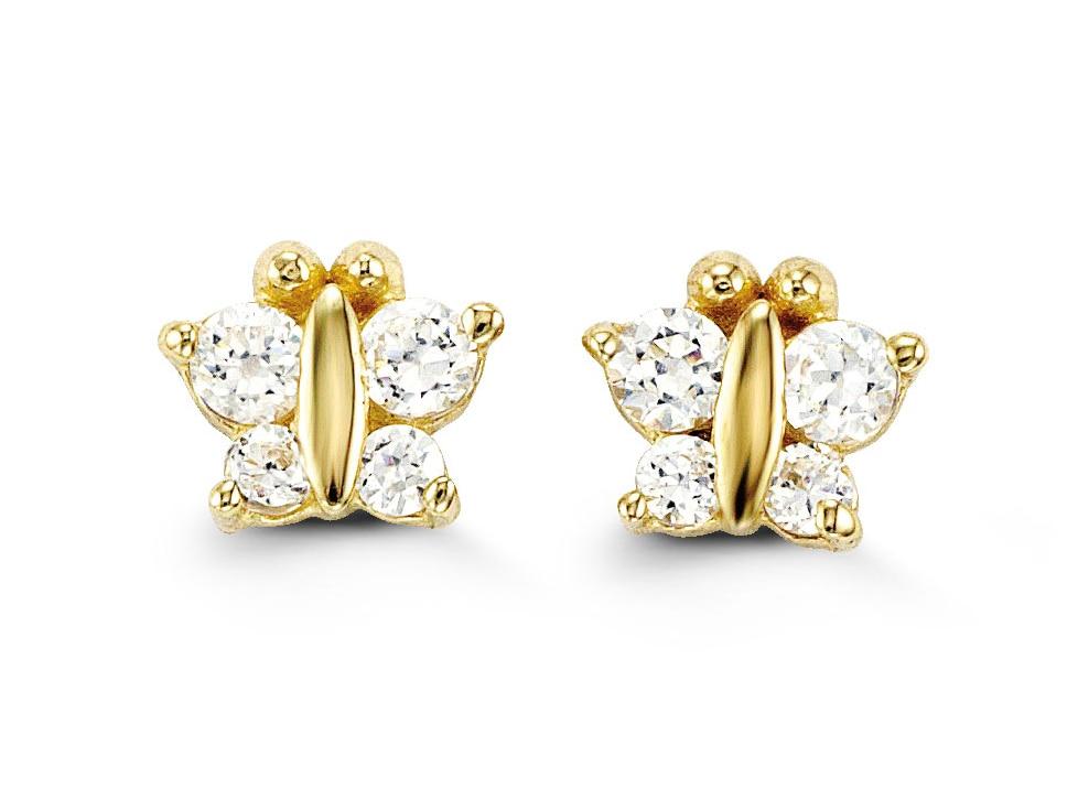14k Yellow Gold Butterfly Shape White CZ Baby Earrings