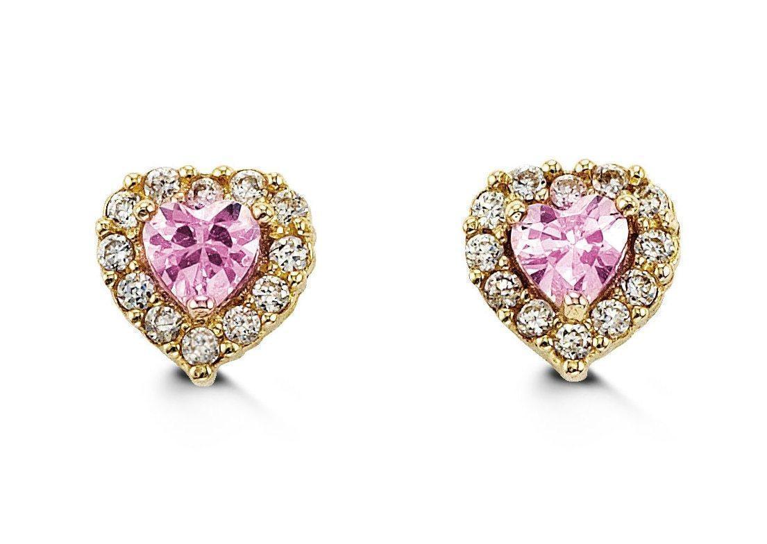14K Yellow Gold Pink Heart Shape CZ Baby Earrings