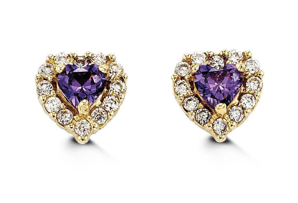 14K Yellow Gold Purple Heart Shape CZ Baby Earrings
