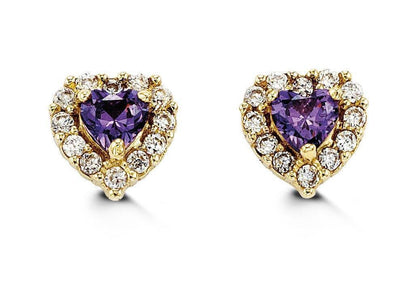 14K Yellow Gold Purple Heart Shape CZ Baby Earrings