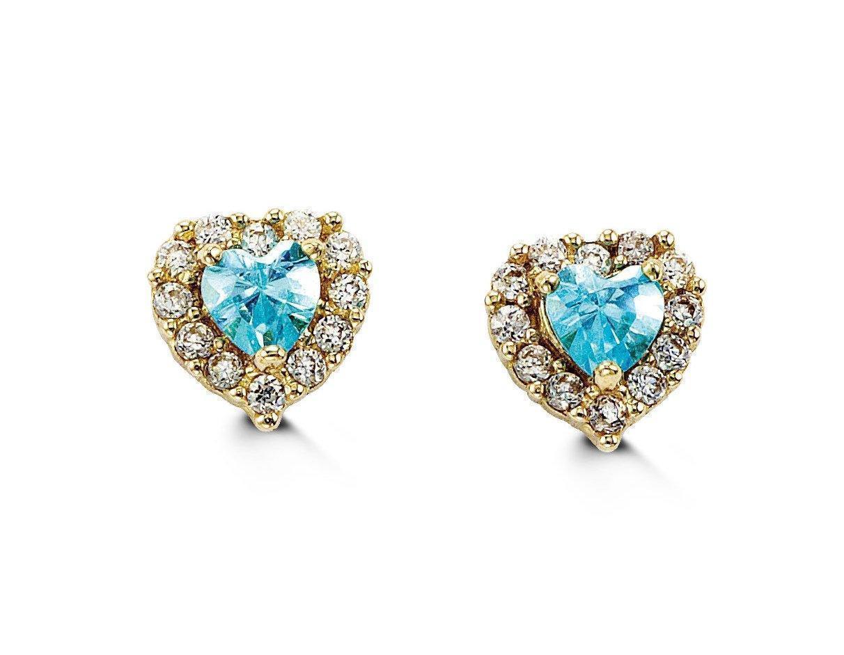 14K Yellow Gold Blue Heart Shape CZ Baby Earrings