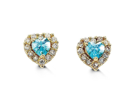 14K Yellow Gold Blue Heart Shape CZ Baby Earrings
